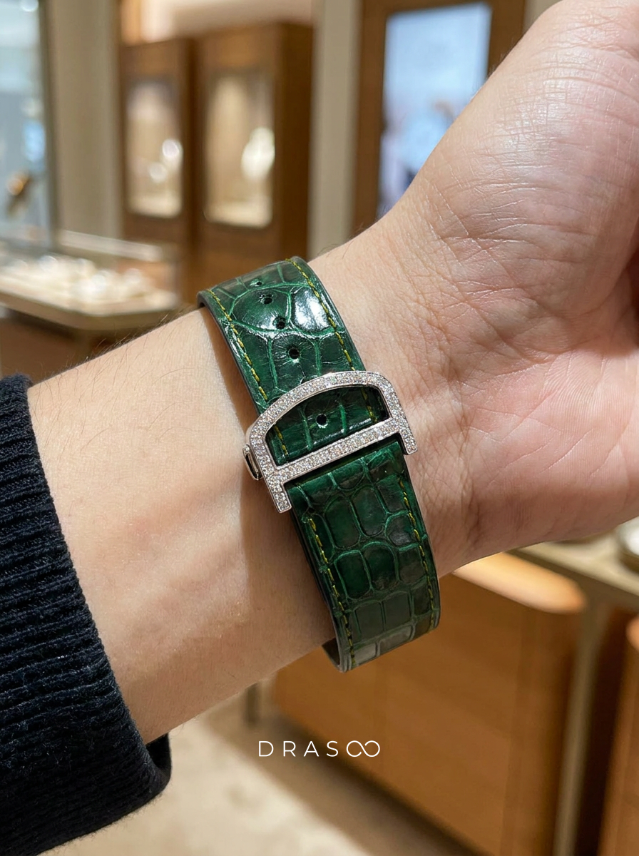 Cartier Santos Large – Steel – Custom Diamond-Set with Green Alligator Strap
