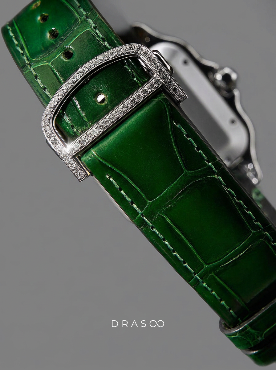 Cartier Santos Large – Steel – Custom Diamond-Set with Green Alligator Strap