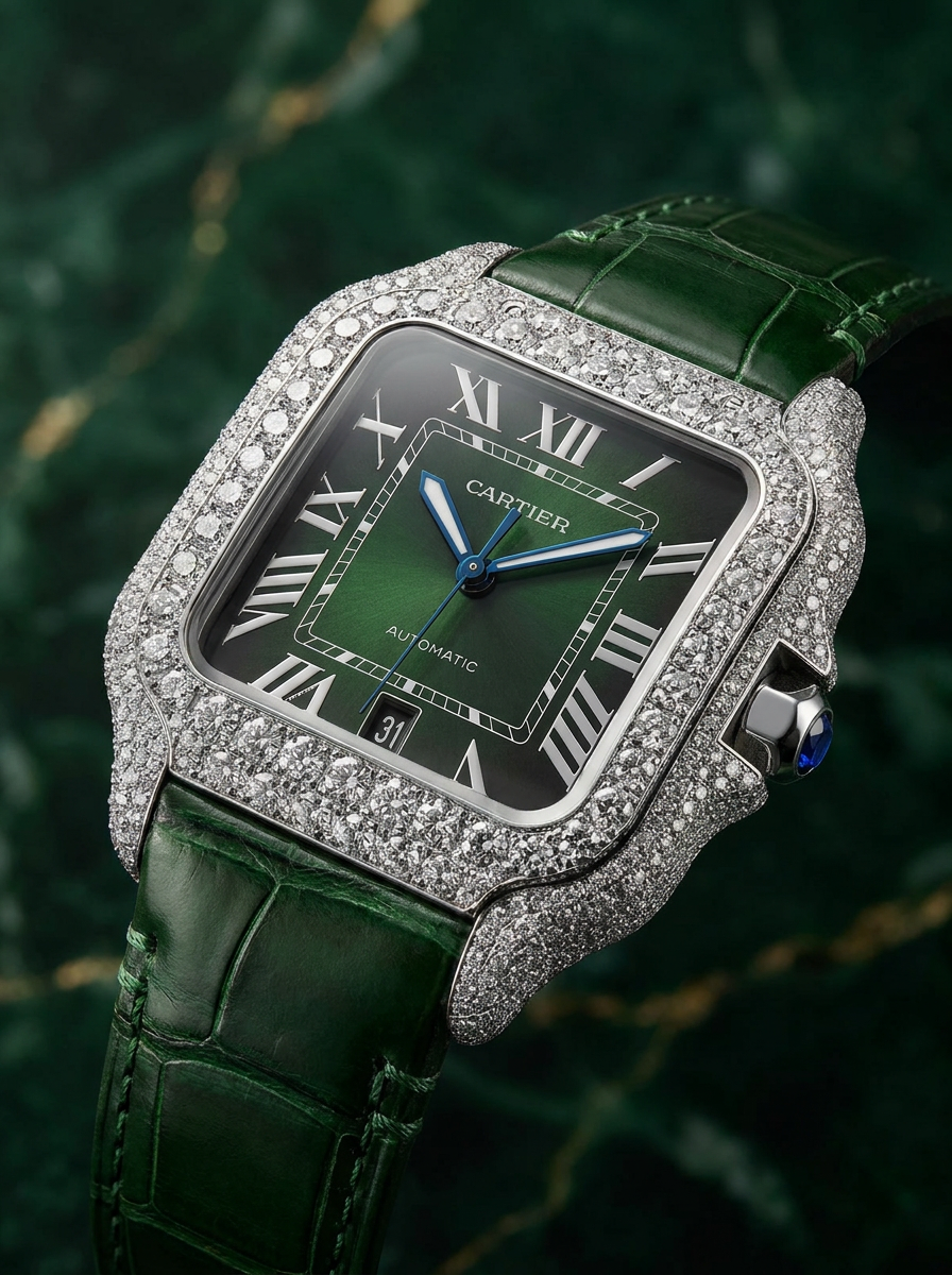 Cartier Santos Large – Steel – Custom Diamond-Set with Green Alligator Strap