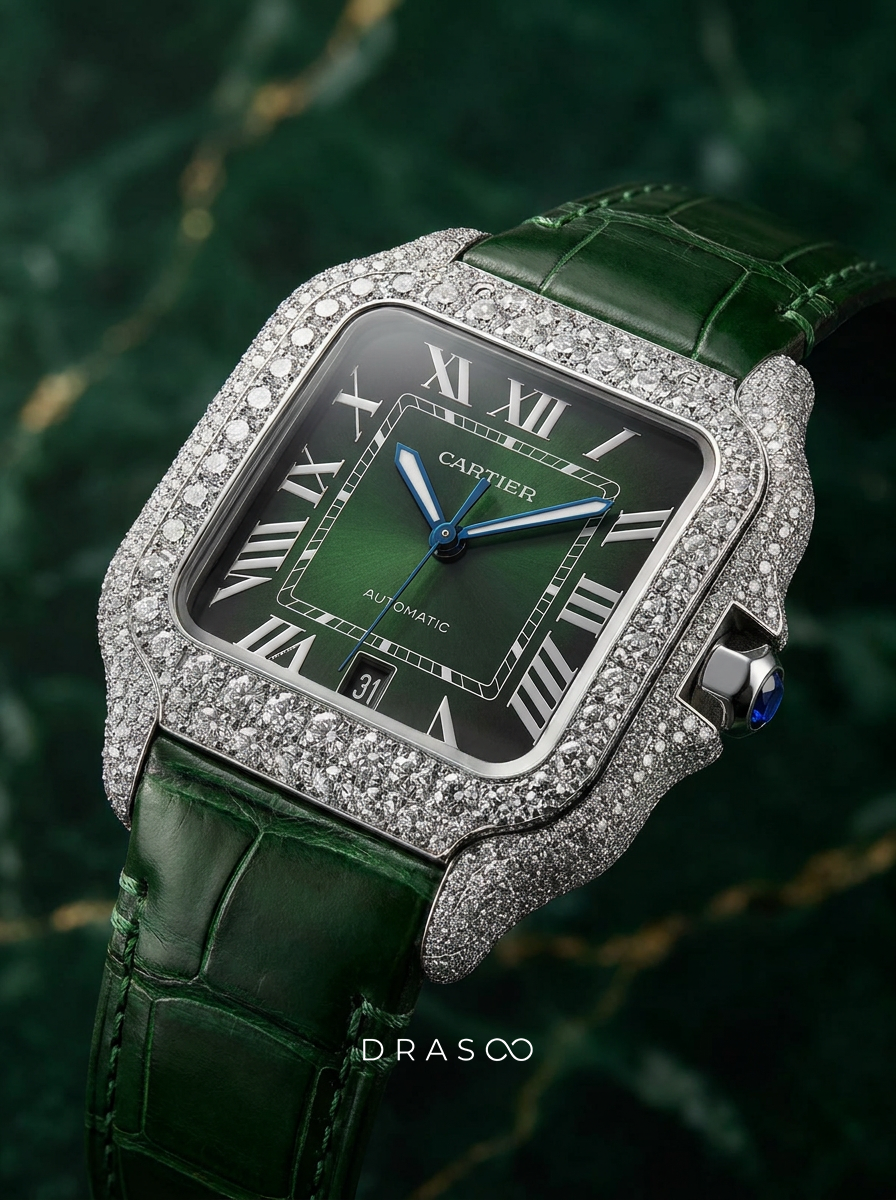 Cartier Santos Large – Steel – Custom Diamond-Set with Green Alligator Strap