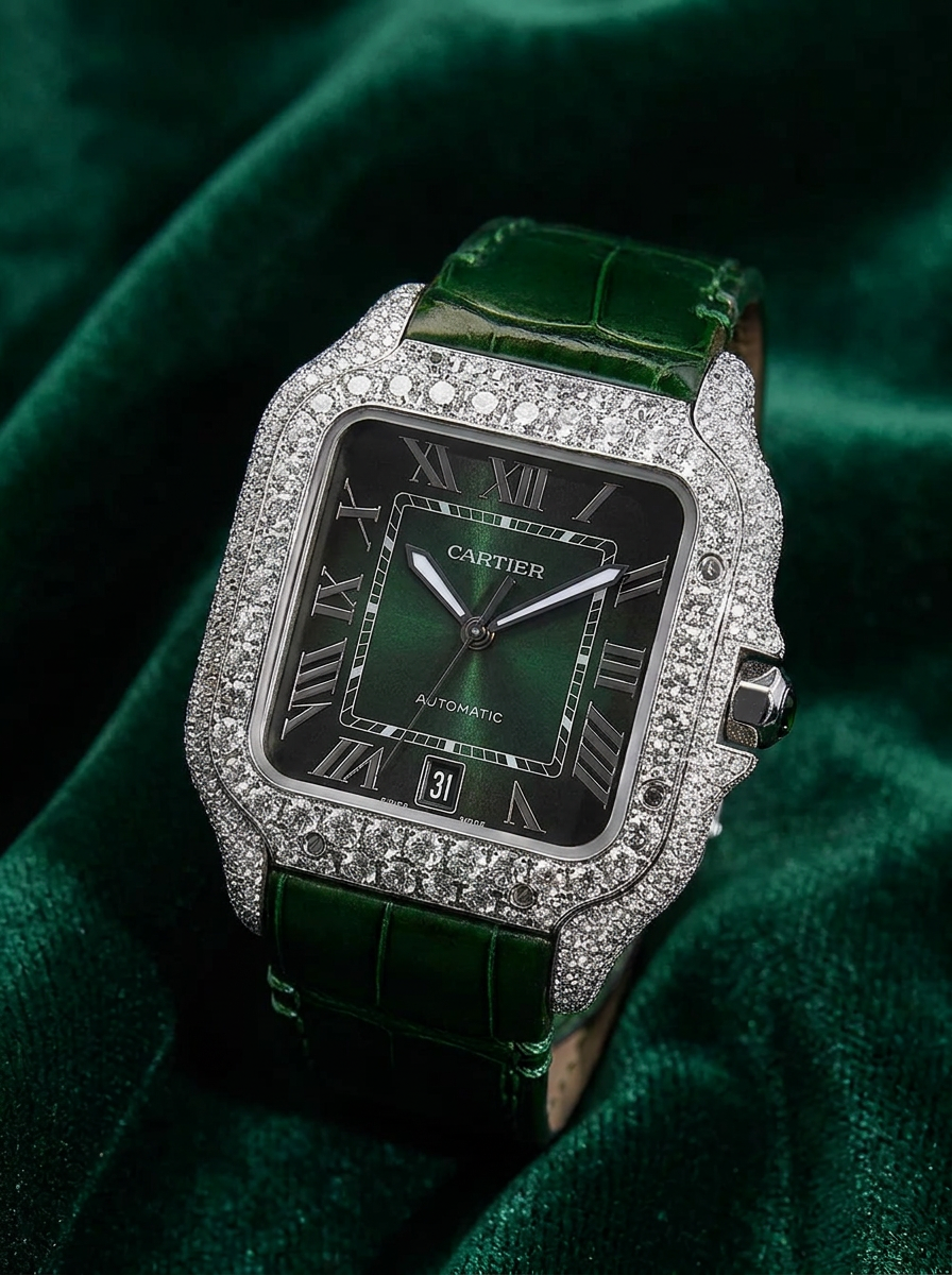 Cartier Santos Large – Steel – Custom Diamond-Set with Green Alligator Strap