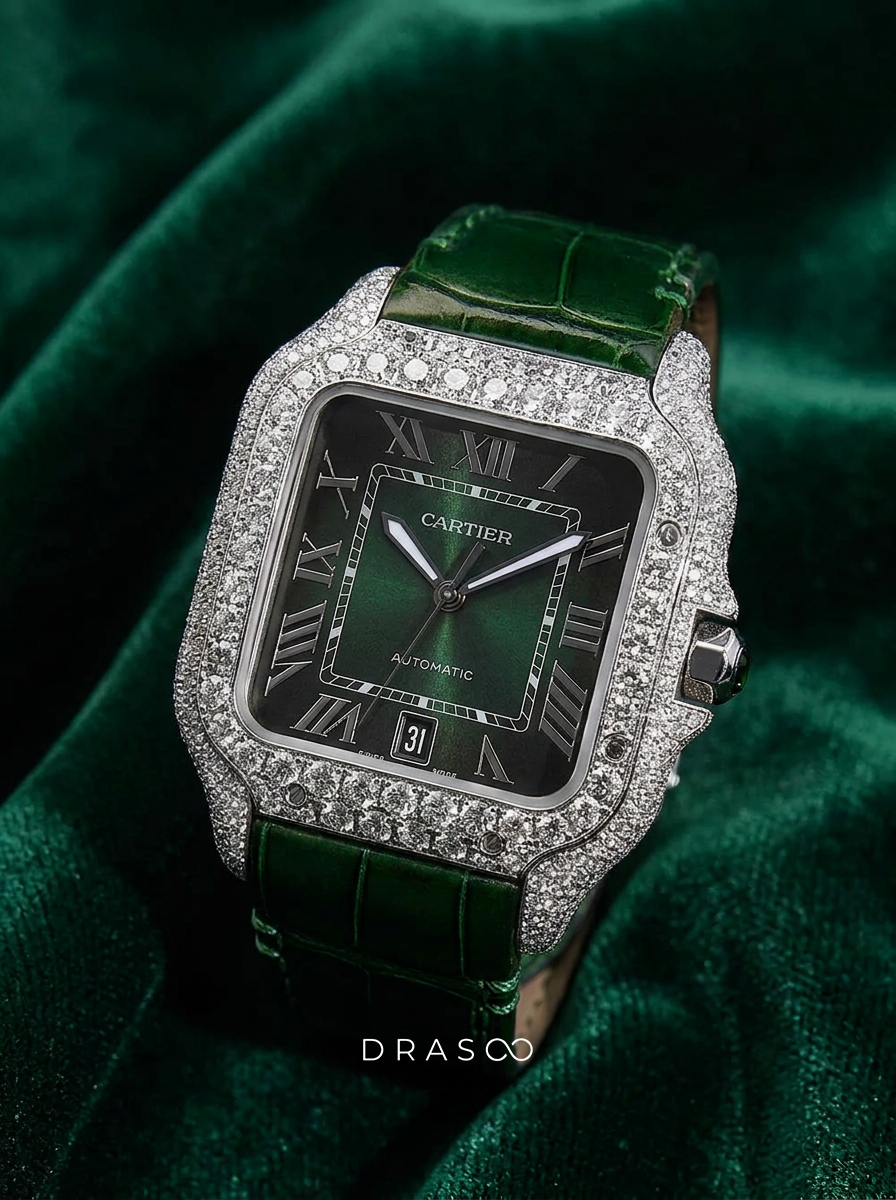 Cartier Santos Large – Steel – Custom Diamond-Set with Green Alligator Strap