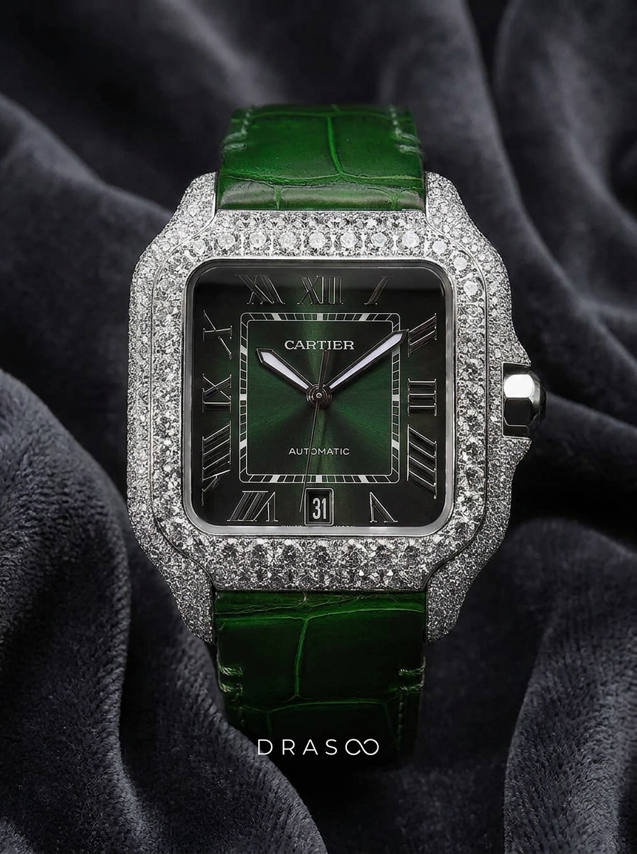Cartier Santos Large – Steel – Custom Diamond-Set with Green Alligator Strap