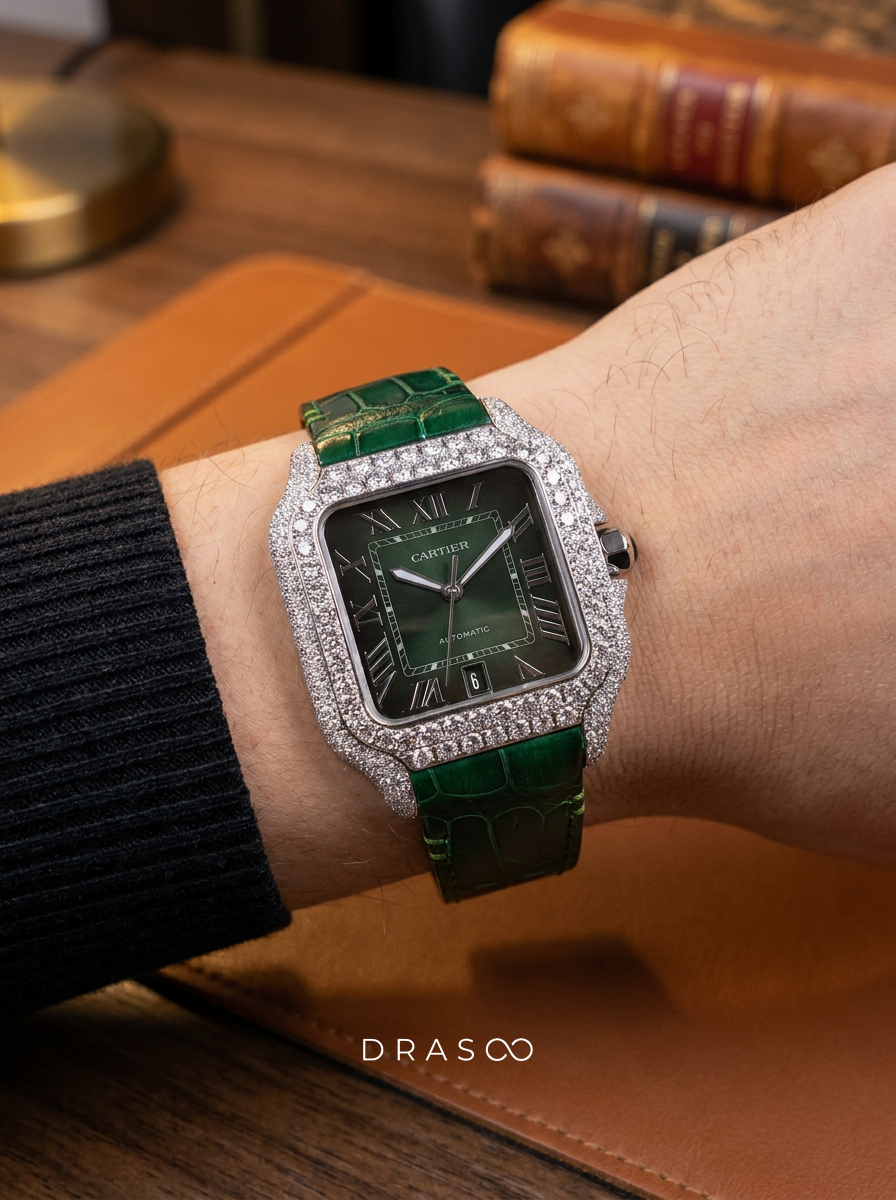 Cartier Santos Large – Steel – Custom Diamond-Set with Green Alligator Strap