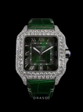 Cartier Santos Large – Steel – Custom Diamond-Set with Green Alligator Strap