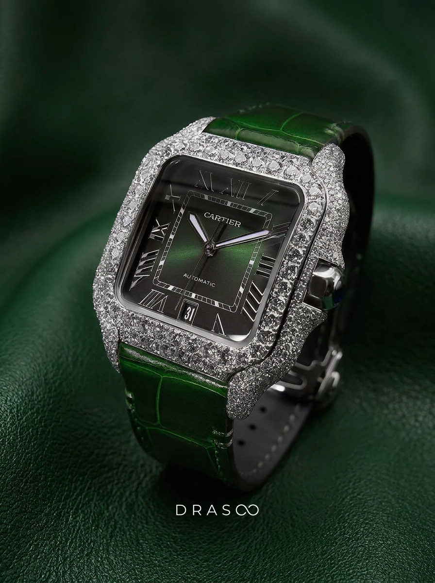 Cartier Santos Large – Steel – Custom Diamond-Set with Green Alligator Strap