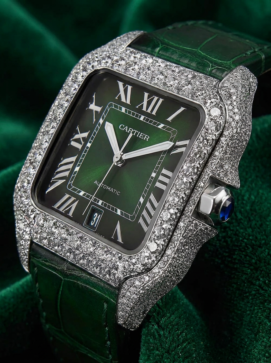 Cartier Santos Large – Steel – Custom Diamond-Set with Green Alligator Strap