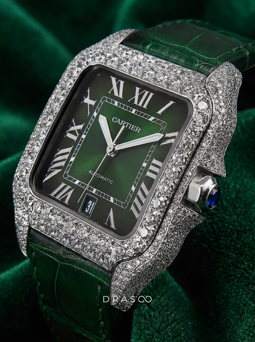 Cartier Santos Large – Steel – Custom Diamond-Set with Green Alligator Strap