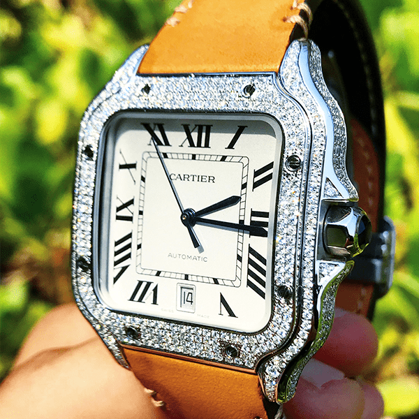 CARTIER SANTOS – TAN CALFSKIN & STEEL – CUSTOM DIAMOND SET
