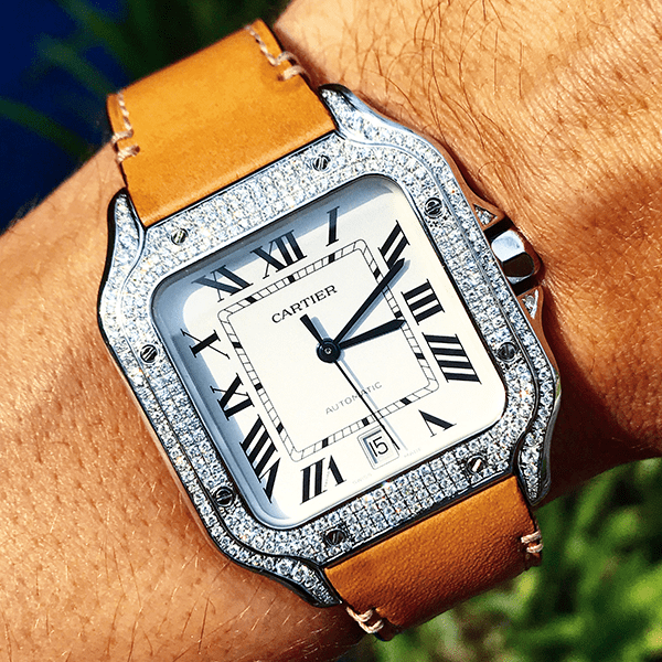 CARTIER SANTOS – TAN CALFSKIN & STEEL – CUSTOM DIAMOND SET