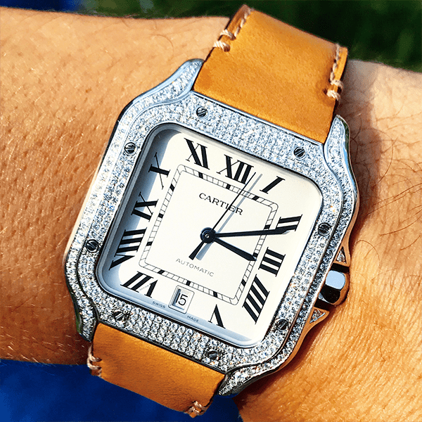 CARTIER SANTOS – TAN CALFSKIN & STEEL – CUSTOM DIAMOND SET