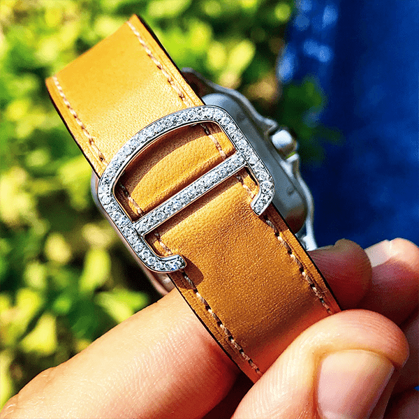 CARTIER SANTOS – TAN CALFSKIN & STEEL – CUSTOM DIAMOND SET