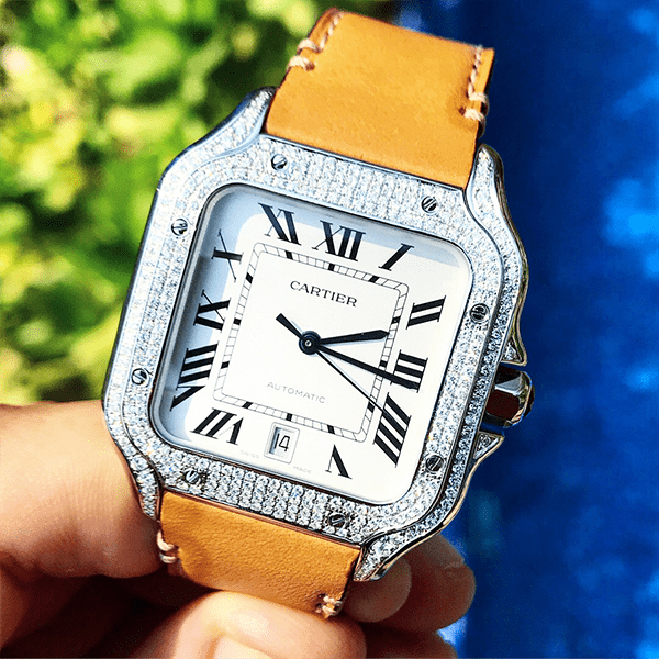 CARTIER SANTOS – TAN CALFSKIN & STEEL – CUSTOM DIAMOND SET