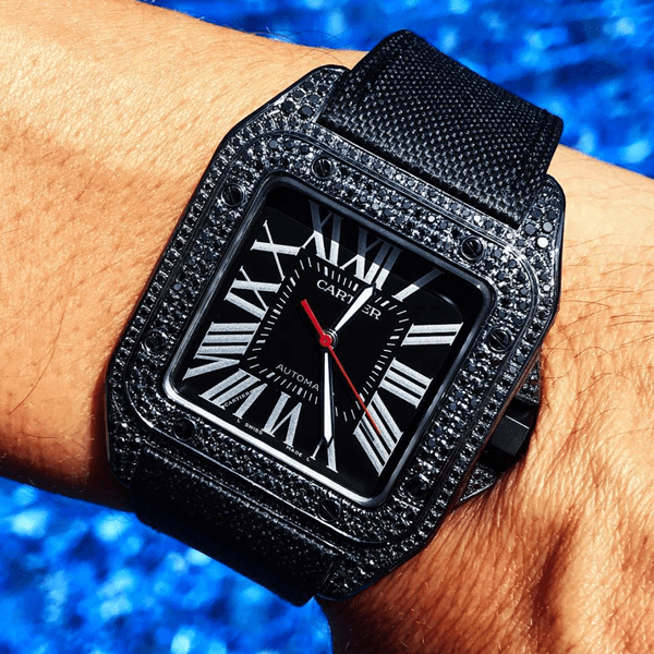 CARTIER SANTOS 100L “CARBON” – CALFSKIN – CUSTOM BLACK-DIAMOND SET