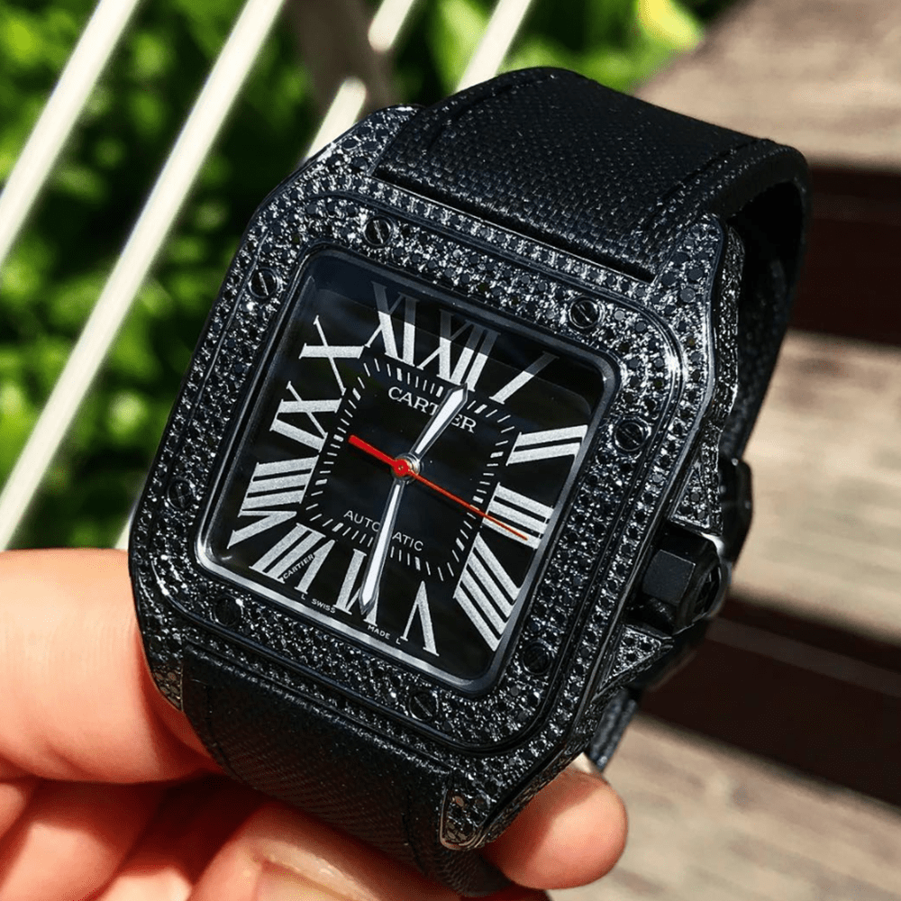 CARTIER SANTOS 100L “CARBON” – CALFSKIN – CUSTOM BLACK-DIAMOND SET