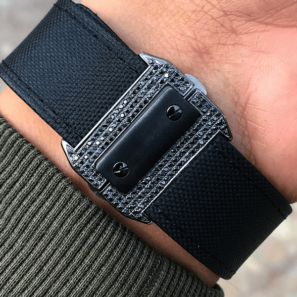CARTIER SANTOS 100L “CARBON” – CALFSKIN – CUSTOM BLACK-DIAMOND SET