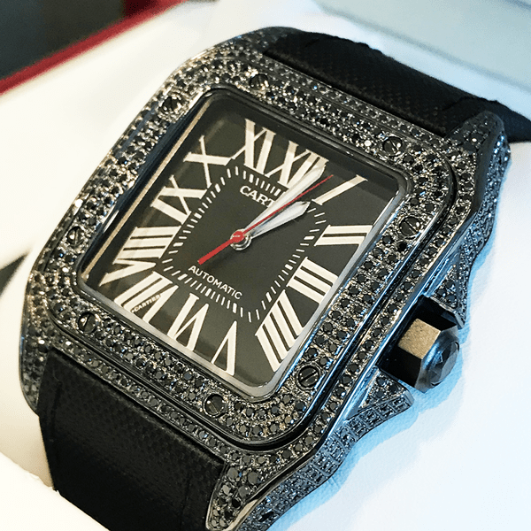 CARTIER SANTOS 100L “CARBON” – CALFSKIN – CUSTOM BLACK-DIAMOND SET