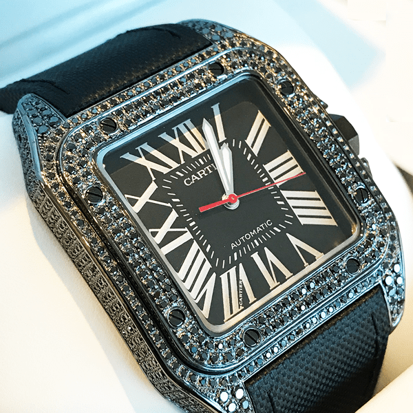 CARTIER SANTOS 100L “CARBON” – CALFSKIN – CUSTOM BLACK-DIAMOND SET