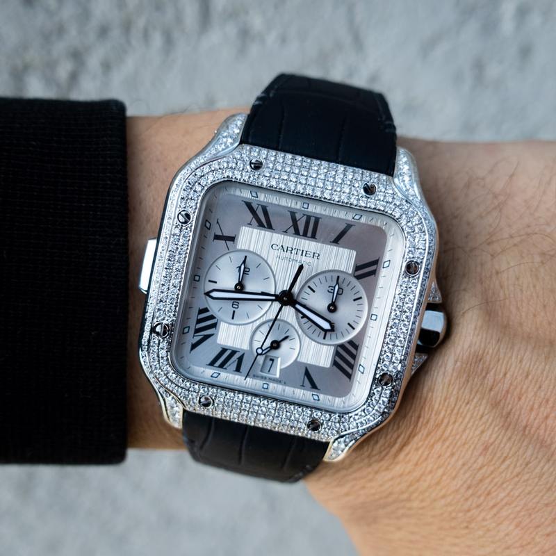 CARTIER – SANTOS DE CARTIER CHRONOGRAPH – EXTRA LARGE MODEL – STEEL – CUSTOM DIAMOND SET