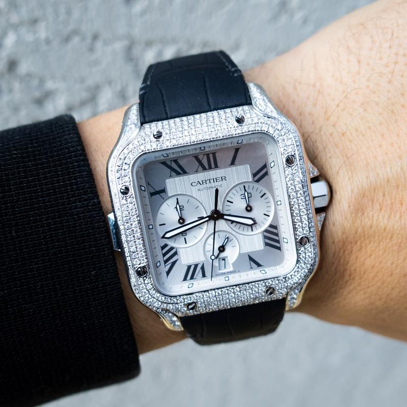 CARTIER – SANTOS DE CARTIER CHRONOGRAPH – EXTRA LARGE MODEL – STEEL – CUSTOM DIAMOND SET