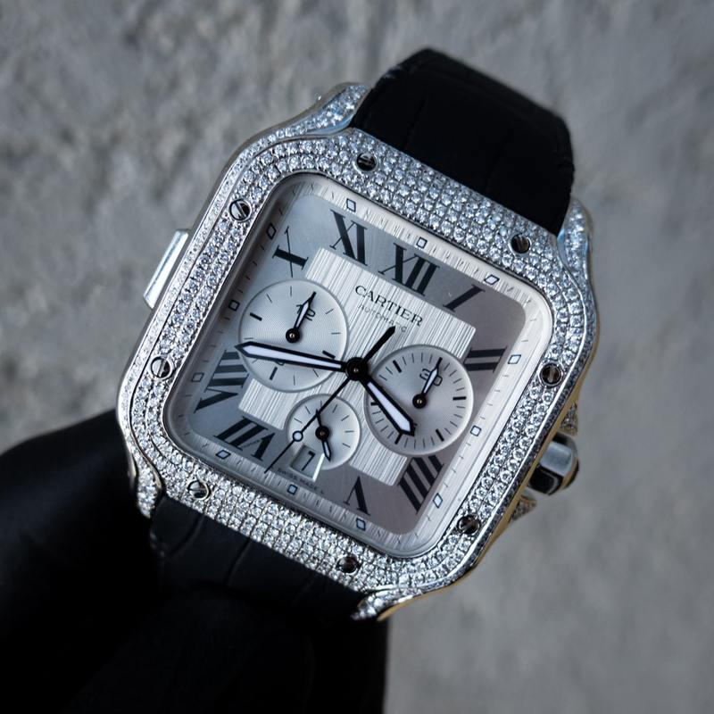 CARTIER – SANTOS DE CARTIER CHRONOGRAPH – EXTRA LARGE MODEL – STEEL – CUSTOM DIAMOND SET