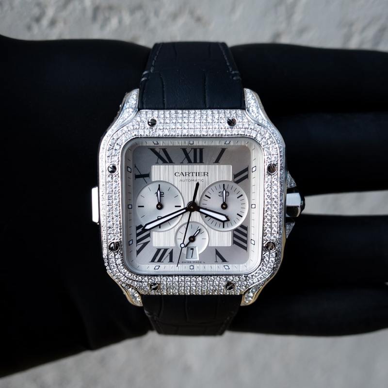 CARTIER – SANTOS DE CARTIER CHRONOGRAPH – EXTRA LARGE MODEL – STEEL – CUSTOM DIAMOND SET