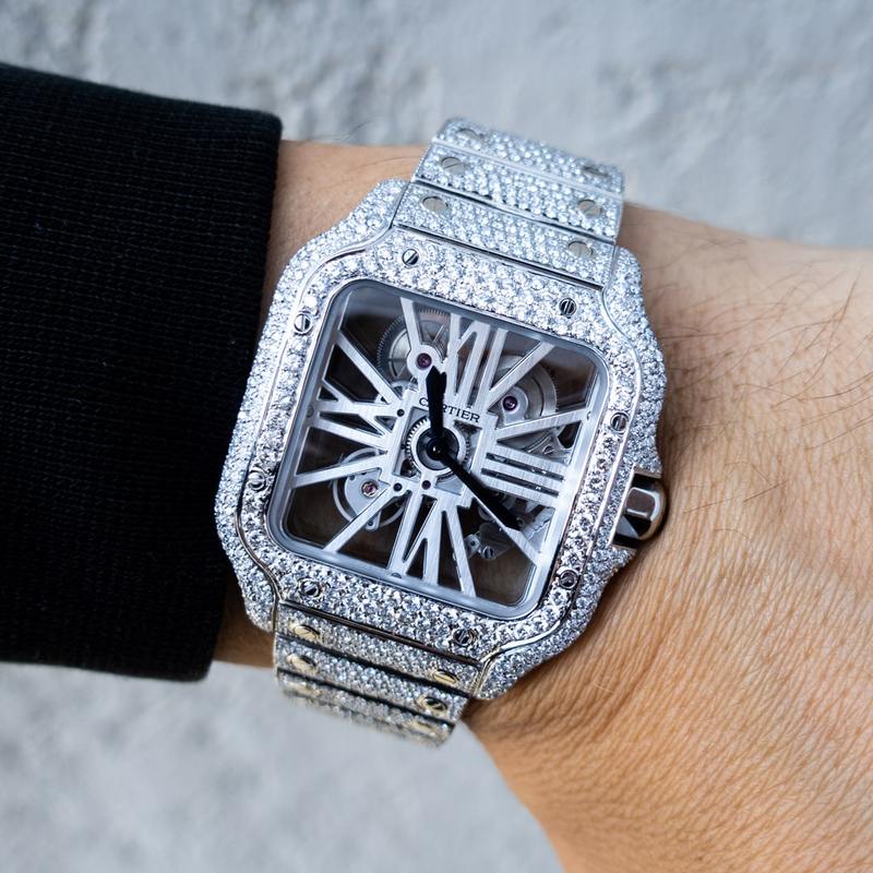 CARTIER – SANTOS DE CARTIER SKELETON – STEEL – CUSTOM PAVÉ DIAMOND SET