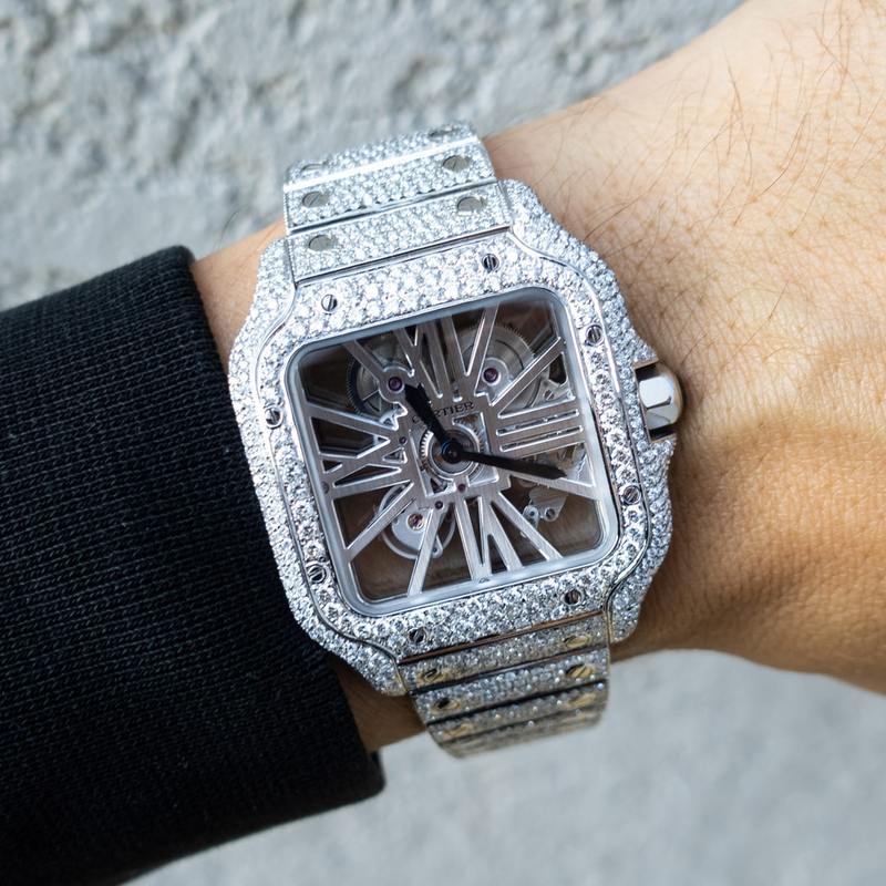 CARTIER – SANTOS DE CARTIER SKELETON – STEEL – CUSTOM PAVÉ DIAMOND SET