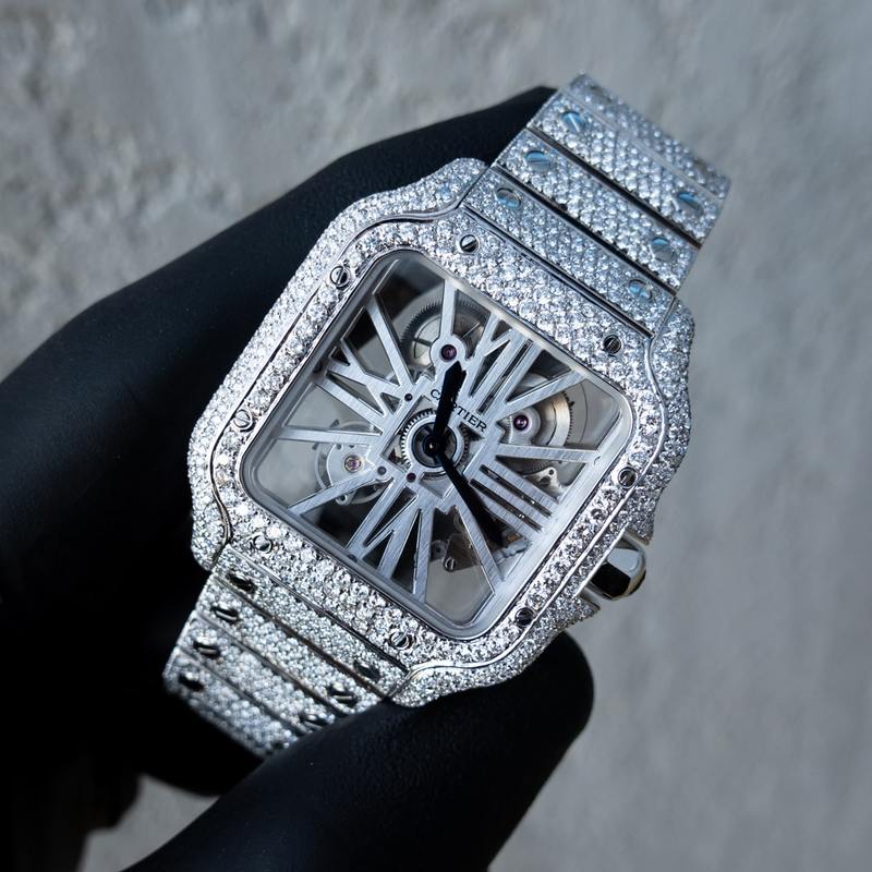 CARTIER – SANTOS DE CARTIER SKELETON – STEEL – CUSTOM PAVÉ DIAMOND SET