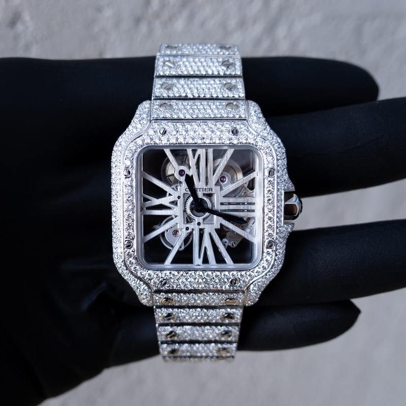CARTIER – SANTOS DE CARTIER SKELETON – STEEL – CUSTOM PAVÉ DIAMOND SET