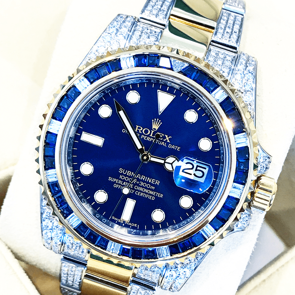 ROLEX SUBMARINER – 18CT YELLOW GOLD & OYSTERSTEEL – OYSTER – CUSTOM DIAMOND & BLUE BEZEL (III)