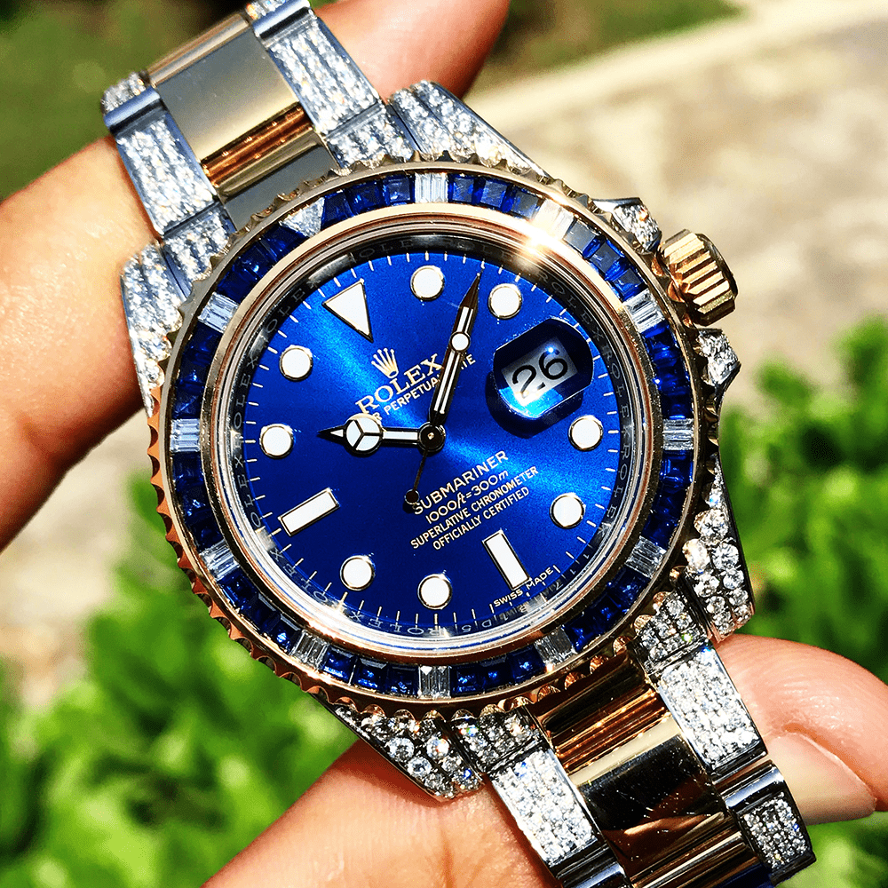 ROLEX SUBMARINER – 18CT YELLOW GOLD & OYSTERSTEEL – OYSTER – CUSTOM DIAMOND & BLUE BEZEL (III)
