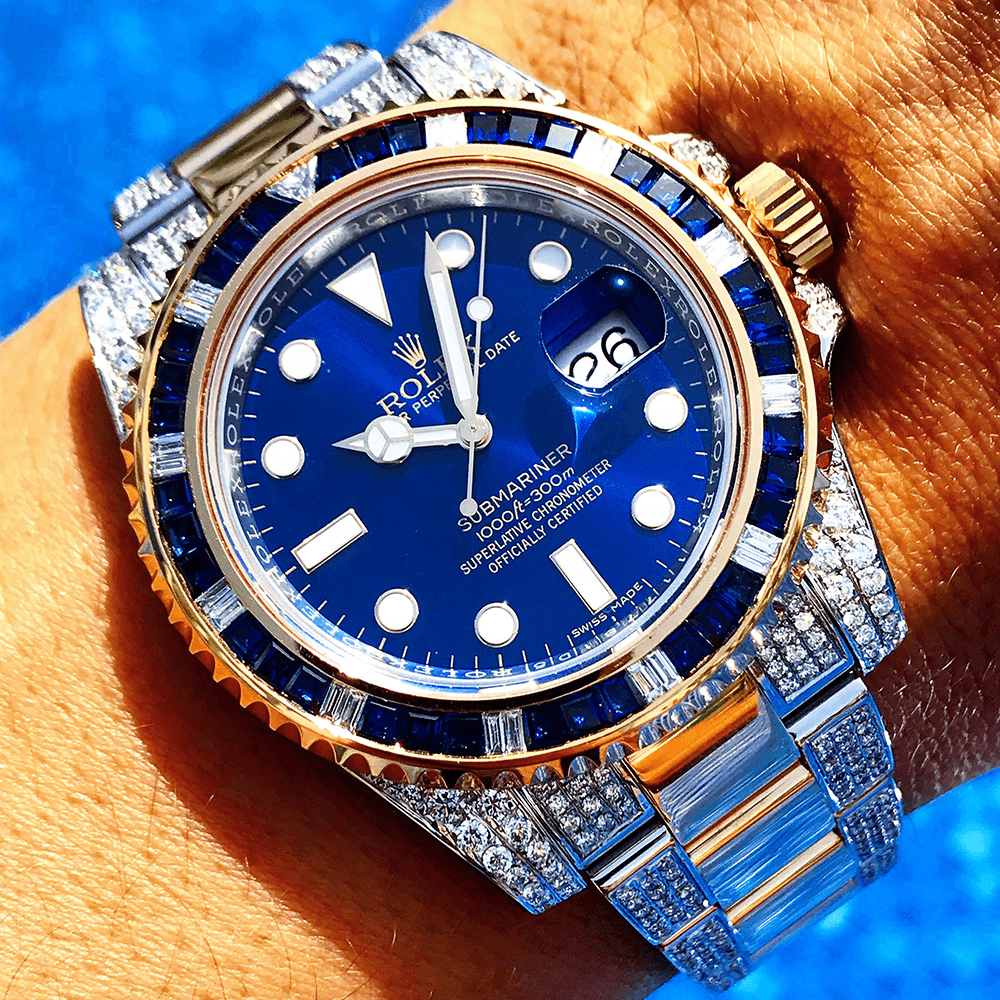 ROLEX SUBMARINER – 18CT YELLOW GOLD & OYSTERSTEEL – OYSTER – CUSTOM DIAMOND & BLUE BEZEL (III)