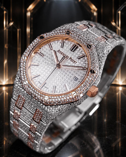 Audemars Piguet – Royal Oak 34 mm – Stainless Steel & Rose Gold – Silver "Grande Tapisserie" Dial – Custom Diamond-Set