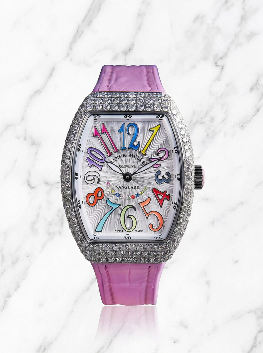 Franck Muller – Vanguard Lady 32 mm – White "Color Dreams" Dial – Pink Strap – Custom Diamond-Set