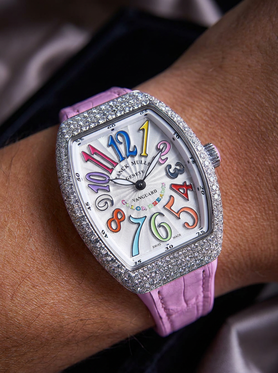 Franck Muller – Vanguard Lady 32 mm – White "Color Dreams" Dial – Pink Strap – Custom Diamond-Set