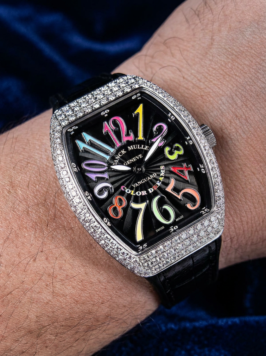 Franck Muller – Vanguard Lady 32 mm – Black "Color Dreams" Dial – Custom Diamond-Set – Black Strap