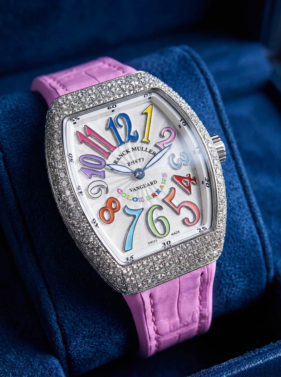 Franck Muller – Vanguard Lady 32 mm – White "Color Dreams" Dial – Pink Strap – Custom Diamond-Set