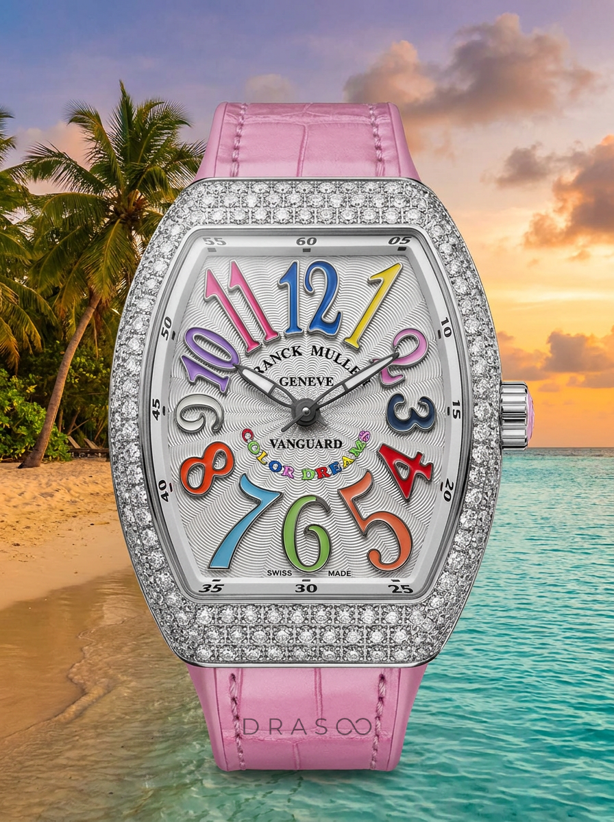 Franck Muller – Vanguard Lady 32 mm – White "Color Dreams" Dial – Pink Strap – Custom Diamond-Set