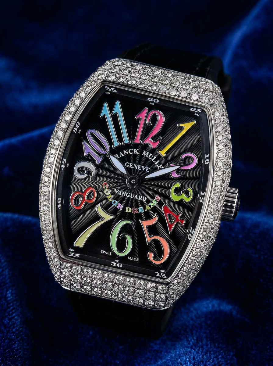 Franck Muller – Vanguard Lady 32 mm – Black "Color Dreams" Dial – Custom Diamond-Set – Black Strap