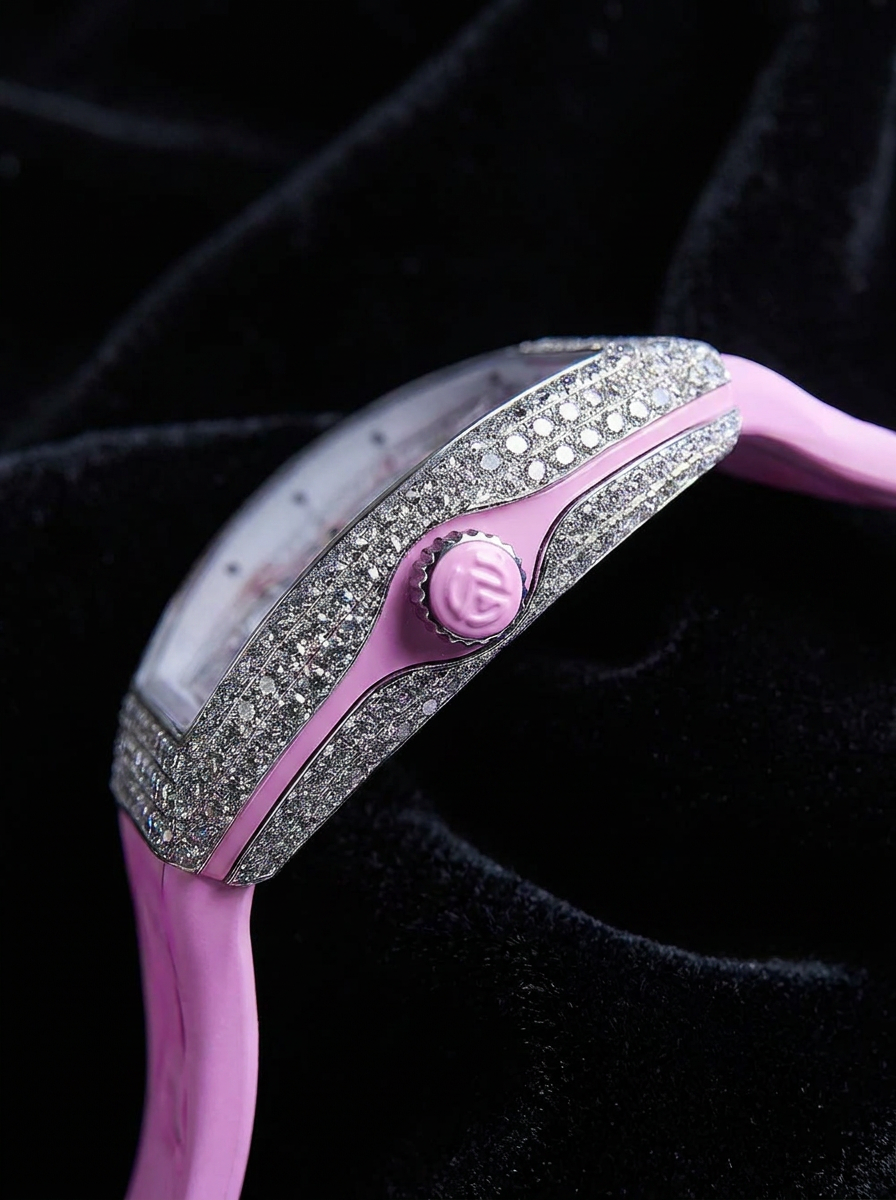 Franck Muller – Vanguard Lady 32 mm – White "Color Dreams" Dial – Pink Strap – Custom Diamond-Set