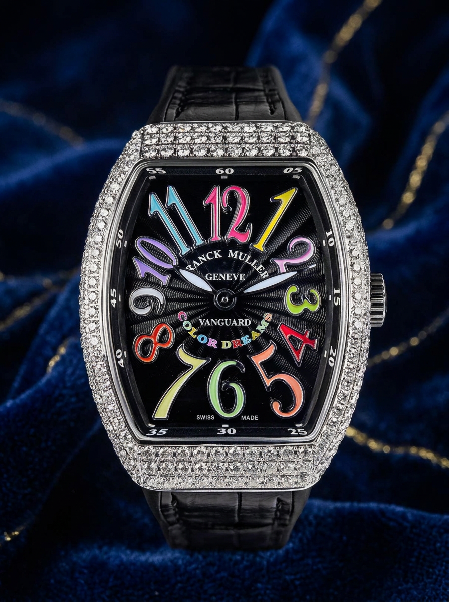 Franck Muller – Vanguard Lady 32 mm – Black "Color Dreams" Dial – Custom Diamond-Set – Black Strap