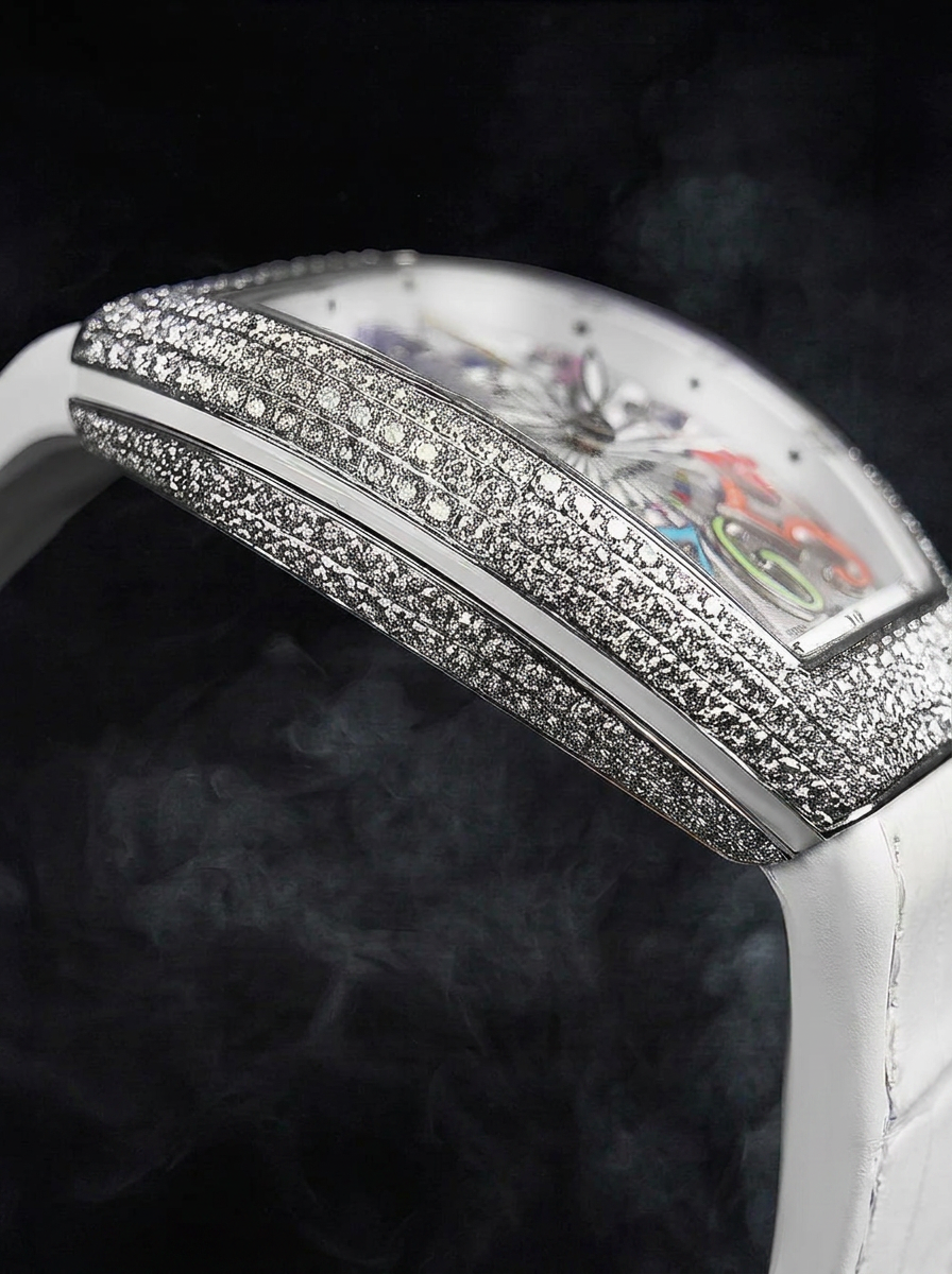 Franck Muller – Vanguard Lady 32 mm – White "Color Dreams" Dial – White Strap – Custom Diamond-Set