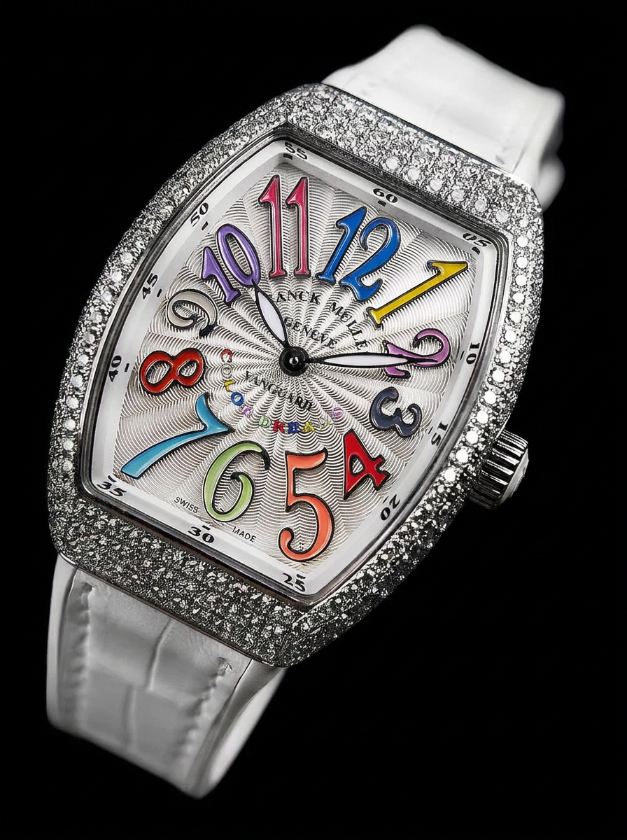 Franck Muller – Vanguard Lady 32 mm – White "Color Dreams" Dial – White Strap – Custom Diamond-Set