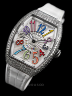 Franck Muller – Vanguard Lady 32 mm – White "Color Dreams" Dial – White Strap – Custom Diamond-Set