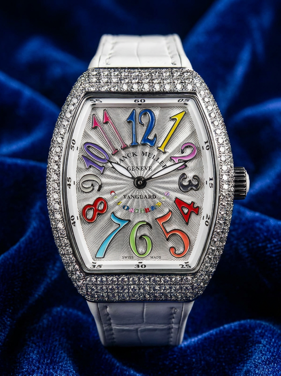 Franck Muller – Vanguard Lady 32 mm – White "Color Dreams" Dial – White Strap – Custom Diamond-Set