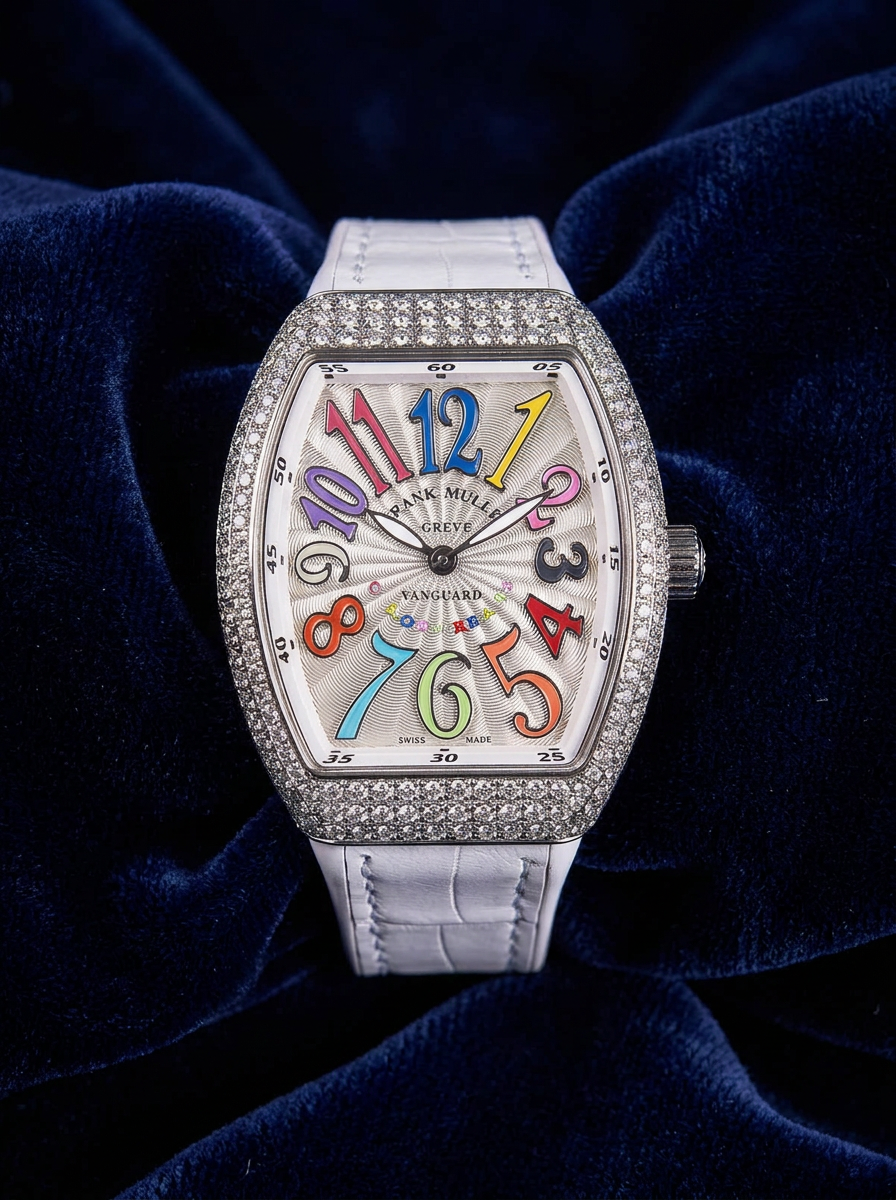 Franck Muller – Vanguard Lady 32 mm – White "Color Dreams" Dial – White Strap – Custom Diamond-Set