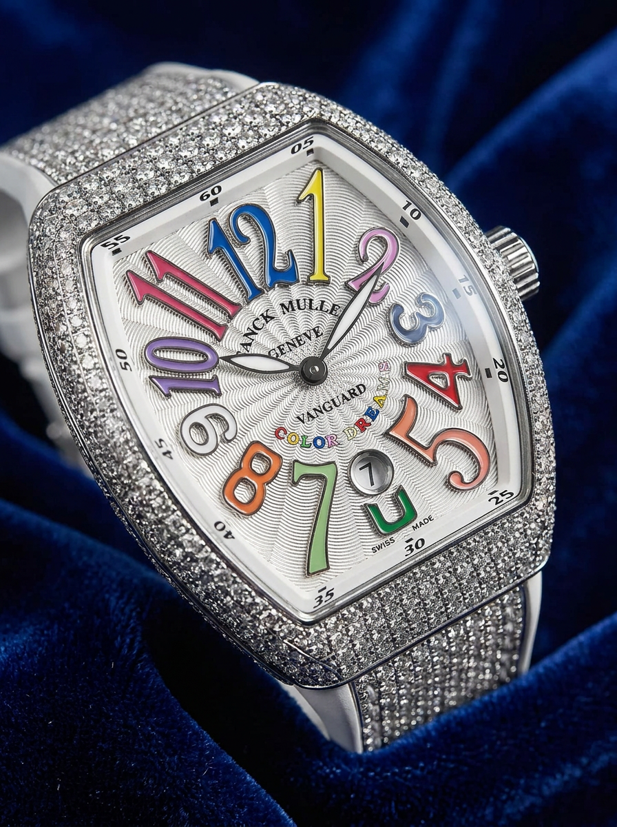 Franck Muller – Vanguard Lady 32 mm – White "Color Dreams" Dial – White Strap – Custom Diamond-Set