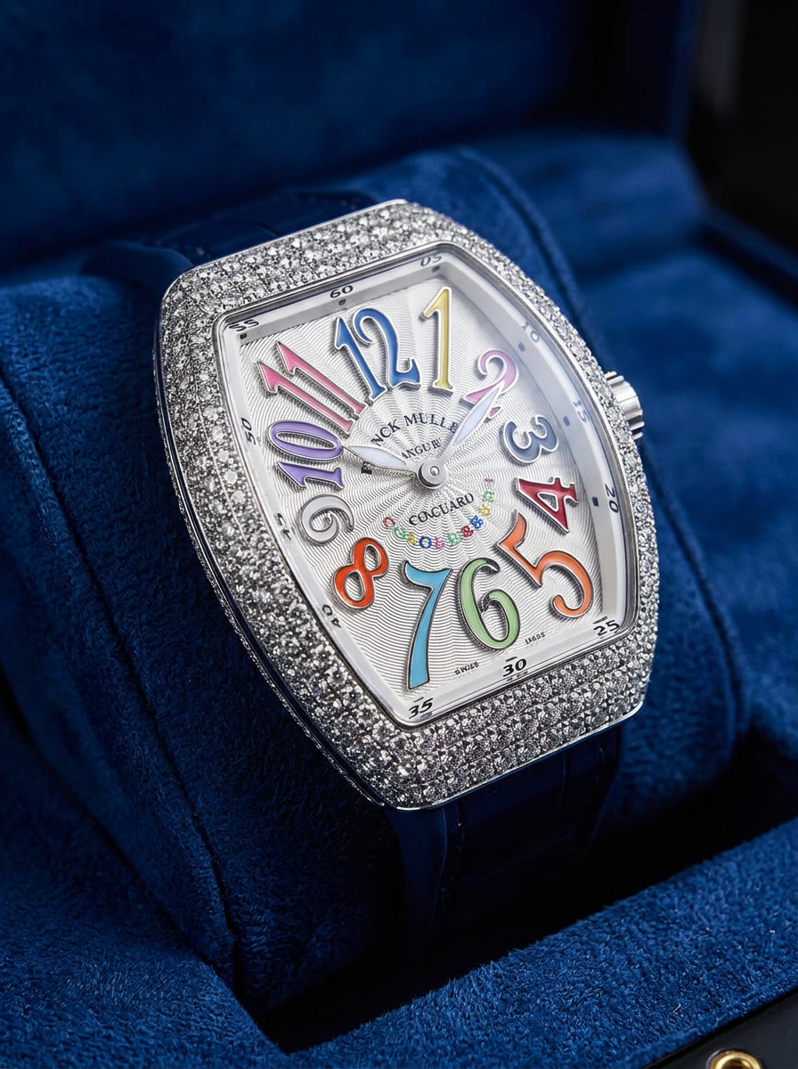 Franck Muller – Vanguard 35 mm – White "Color Dreams" Dial – Custom Diamond-Set – Blue Strap