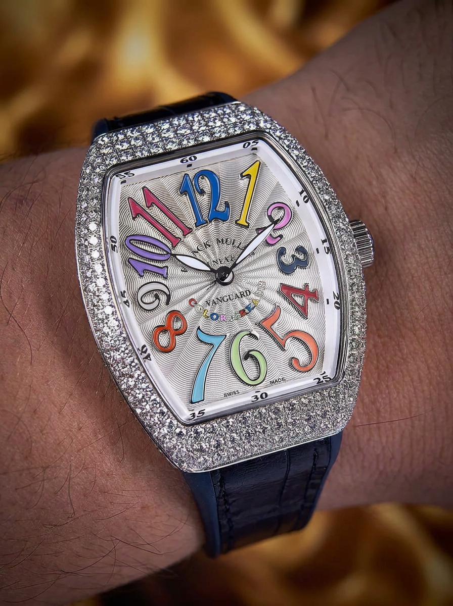 Franck Muller – Vanguard 35 mm – White "Color Dreams" Dial – Custom Diamond-Set – Blue Strap